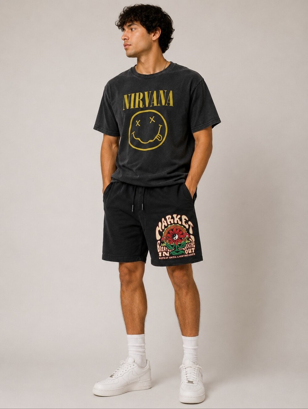 Market Breathwork Black Graphic Print Drawstring Elastic Waist Men's Shorts L